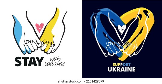 Lettering postcard hand drawn about Support Ukraine. Blue yellow ukrainian flag background.