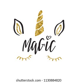 Lettering poster, or card design in golden glitter and black colors. Unicorn face with text Magic. Hand drawn letters, modern illustration on white background