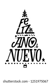 Lettering poster "Feliz Ano Nuevo" ("Happy New Year", spanish). Christmas Tree Shape