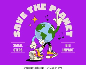 Lettering Poster in trendy retro style. Earth Day concept. World Environment Day. Walking happy cute Earth planet character mascot with flowers. Vector illustration


