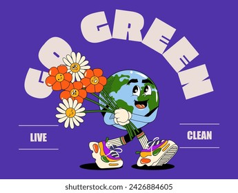 Lettering Poster in trendy retro style. Earth Day concept. World Environment Day. Walking happy cute Earth planet character mascot with flowers. Vector illustration

