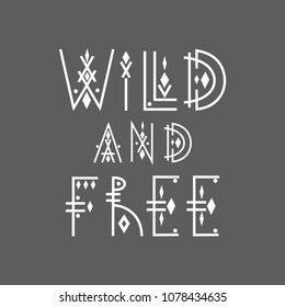 Lettering poster "Wild and Free" in line-art boho style.