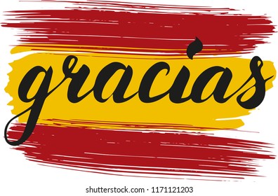 Lettering poster for your design. Creative typography. Cursive. Hand drawn greeting card with text "gracias". Tourism and travel. Spanish flag background. Brush strokes. 