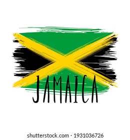 Lettering poster for your design. Creative typography. Hand drawn card with text Jamaica. Tourism and travel. Jamaican flag background. Brush strokes.