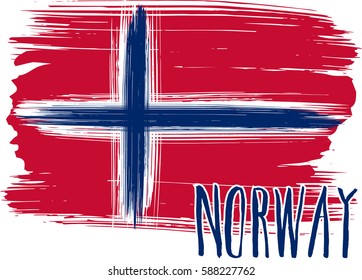 Lettering poster for your design. Creative typography. Hand drawn greeting card with text Norway. Tourism and travel. Norwegian flag background. Brush strokes. 