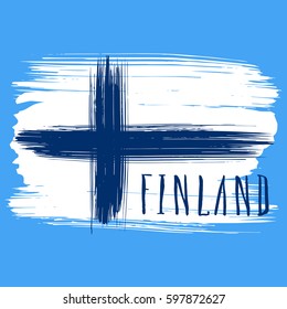 Lettering poster for your design. Creative typography. Hand drawn greeting card with text Finland. Tourism and travel. Finnish flag background. Brush strokes. 