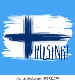 Lettering poster for your design. Creative typography. Hand drawn greeting card with text Helsinki. Tourism and travel. Finnish flag background. Brush strokes. 