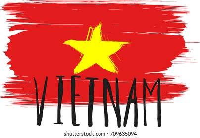 Lettering poster for your design. Creative typography. Hand drawn greeting card with text Vietnam. Tourism and travel. Vietnamese flag background. Brush strokes. 