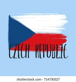 Lettering poster for your design. Creative typography. Hand drawn greeting card with text Czech Republic. Tourism and travel. Czech flag background. Brush strokes. 