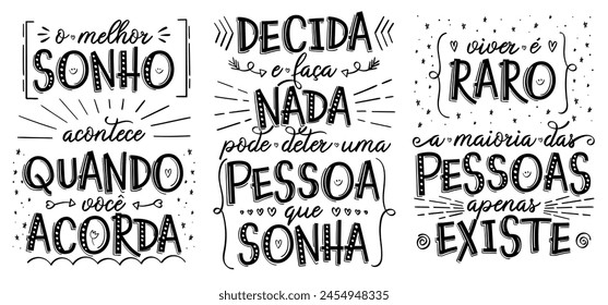 The lettering posters in Brazilian Portuguese. Motivational, inspirational, positive phrases.