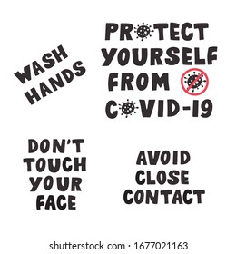 Lettering posters with measures against COVID-19. Vector illustration.