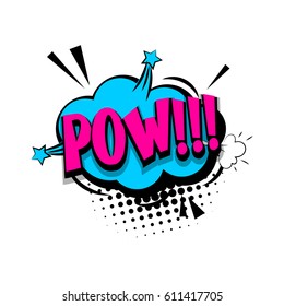 Lettering pow, bang. Comic book halftone background balloon. Bubble icon speech phrase. Cartoon exclusive font label tag expression. Comic text, font sound effects dot back. Sounds vector illustration