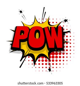 Lettering pow, shoot gun. Comic text sound effects. Vector bubble icon speech phrase, cartoon exclusive font label tag expression, sounds illustration. Comics book balloon.