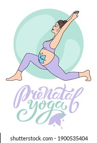 Lettering Prenatal Yoga in Lilac and Mint Colors and the Figure of a Pregnant Woman, Doing Yoga Asana, Vector Illustration
