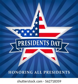 Lettering Presidents Day And Honoring All Presidents Vector Banner, USA Flag On Background In Star. 