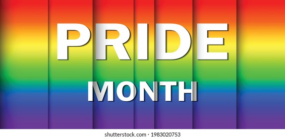 Lettering PRIDE MONTH on gradient rainbow background. LGBT flag. Template design, vector illustration. Love wins. Colorful symbols. Gay pride collection. Banner.