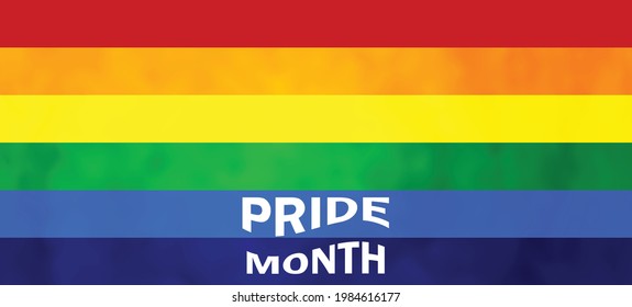 Lettering PRIDE MONTH on gradient rainbow background. LGBT flag. Template design, vector illustration. Love wins. Colorful symbols. Gay pride collection. Banner.