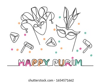 Lettering Íappy Purim. Simple, minimalistic vector illustration for Íappy Purim . One continuous line drawing, illustration, background.