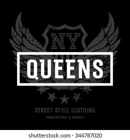 Lettering "Queens NY" and American Eagle wings. This illustration can be used as a print on T-shirts and other clothes