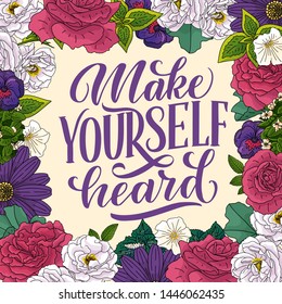 lettering quote about woman voice. Calligraphy inspiration graphic design typography element. Hand written postcard. Cute simple sign hand drawn style. Textile print