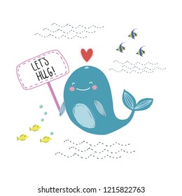 Lettering quote I am big and kind with a cute whale on the waves.  Around the stars and drops. Cute print for poster, bunner, card