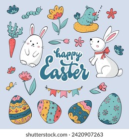 Lettering quote 'Happy Easter' decorated with cute doodles for cards, prints, posters, stickers, invitations, etc. EPS 10