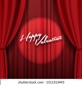 Lettering quote 'Happy Valentine' on abstract red theater background.