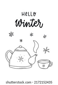 Lettering quote 'Hello winter' decorated with hand drawn kettle and cup for greeting cards, posters, prints, coloring pages, stickers, sublimation, etc. EPS 10