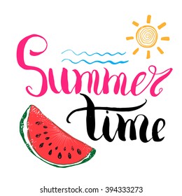 Lettering quote summer time. Hand drawn Sketch typographic design sign, Vector Illustration on color lines background.