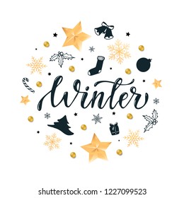 Lettering quote 'Winter' surrounded by abstract decorative elements and hand sketched doodles. Poster, banner, print, greeting card design ideas. Vector illustration EPS 10