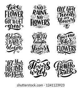 Lettering quotes about flowers, illustration made in vector. Postcard, invitation, shop and t-shirt design with handdrawn compositions.