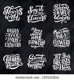 Lettering quotes about flowers, illustration made in vector. Postcard, invitation, shop and t-shirt design with handdrawn compositions.