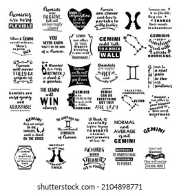 Lettering quotes about Zodiac sign Gemini. Funny quotes. Doodle hand drawn design elements for cards, posters, prints t-shirts