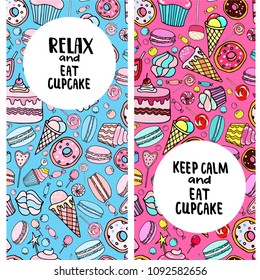 Lettering quotes on a background with candy, ice cream, muffins, donuts, cupcake, macaroons and other sweets. Print for textile, banners, label and flyer