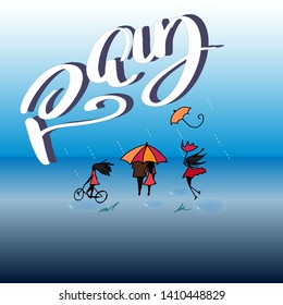 Lettering. Rain with illustration. Vector.