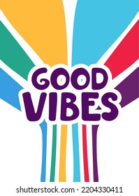 Lettering with a rainbow pattern in the retro style of the 70s. Good vibes multicolored inscription. Vector 