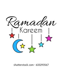 Lettering Ramadan Kareem decorated with hanging moon and stars on white background. Vector greeting illustration