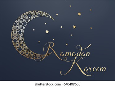 Lettering "Ramadan Kareem" - handmade calligraphy. Islamic arabic background. Text and Moon vector templates for Greeting card, invitation. Vector illustration.