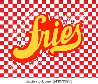 Letras de letras rojas trazos amarillos Papas fritas en estilo retro sobre un fondo a cuadros rojo y blanco a cuadros con un efecto desgastado Vector