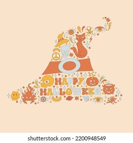 Lettering with retro 70s style Halloween elements in a shape of a hat. Bat, spider, leaves and a pumpkin. Happy Halloween phrase text. Autumn simple minimalist background with sparkles. 