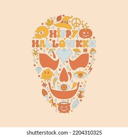 Lettering with retro 70s style Halloween elements in a shape of a skull. Bat, spider, leaves and a pumpkin. Happy Halloween phrase text. Autumn simple minimalist background with sparkles.