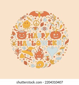 Lettering with retro 70s style Halloween elements in a circle shape. Bat, spider, leaves and a pumpkin. Happy Halloween phrase text. Autumn simple minimalist background with sparkles.