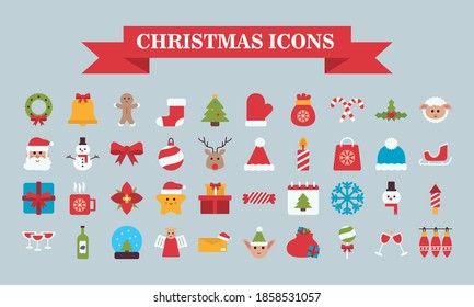 lettering in ribbon and bundle of merry christmas flat style icons vector illustration design