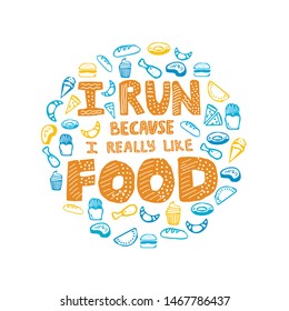 Lettering I run because I really like food. Round white card with food icons: сroissans, pizza, burgers, french fries, bread, cake, ice cream, sweets. Motivation quote running, sport, health, fitness.