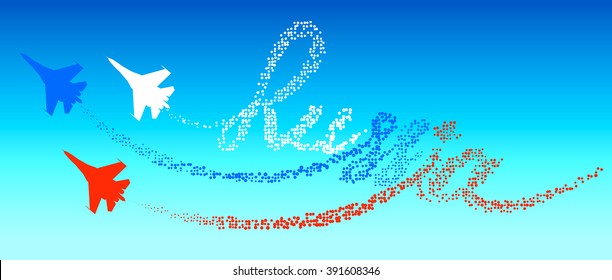 Lettering Russia in the blue sky. Tracking by silhouettes russian military aircraft. The concept of the Russian aviation.
