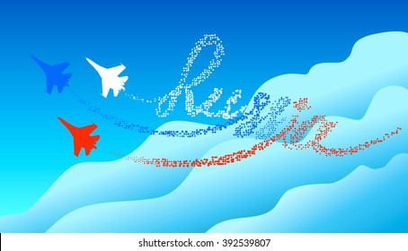 Lettering Russia in the blue sky. Tracking by silhouettes russian military aircraft. The concept of the Russian aviation.