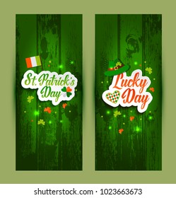 Lettering of Saint Patrick s Day banners on green wooden

