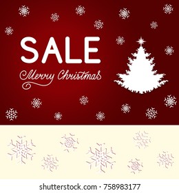 Lettering Sale, Merry Christmas, fir tree with advent star, white snowflakes on a dark red background. Winter concept for banner, poster, coupons, cards, invitations for shopping. Ads, Deals. Vector i