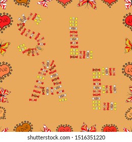 Lettering. Sale. Seamless pattern. Seasonal discounts set. Picture in yellow, red and orange colors. Ornate vector colorful elements frame.