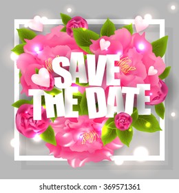 Lettering Save the Date card template wirh sakura flowers